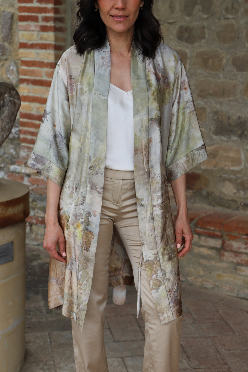 Short eco printed silk robe