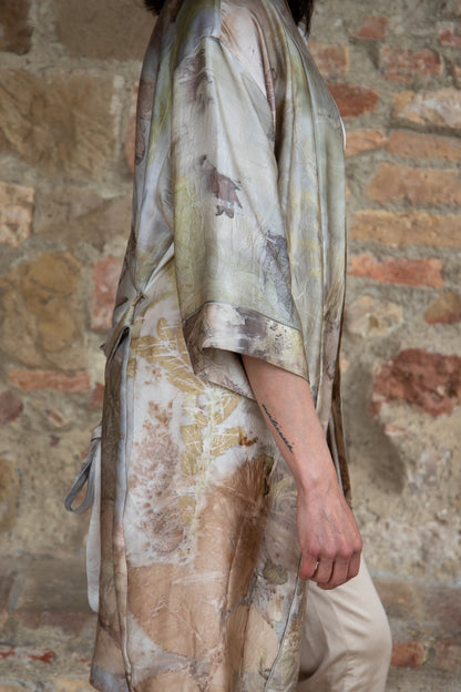 Short eco printed silk robe