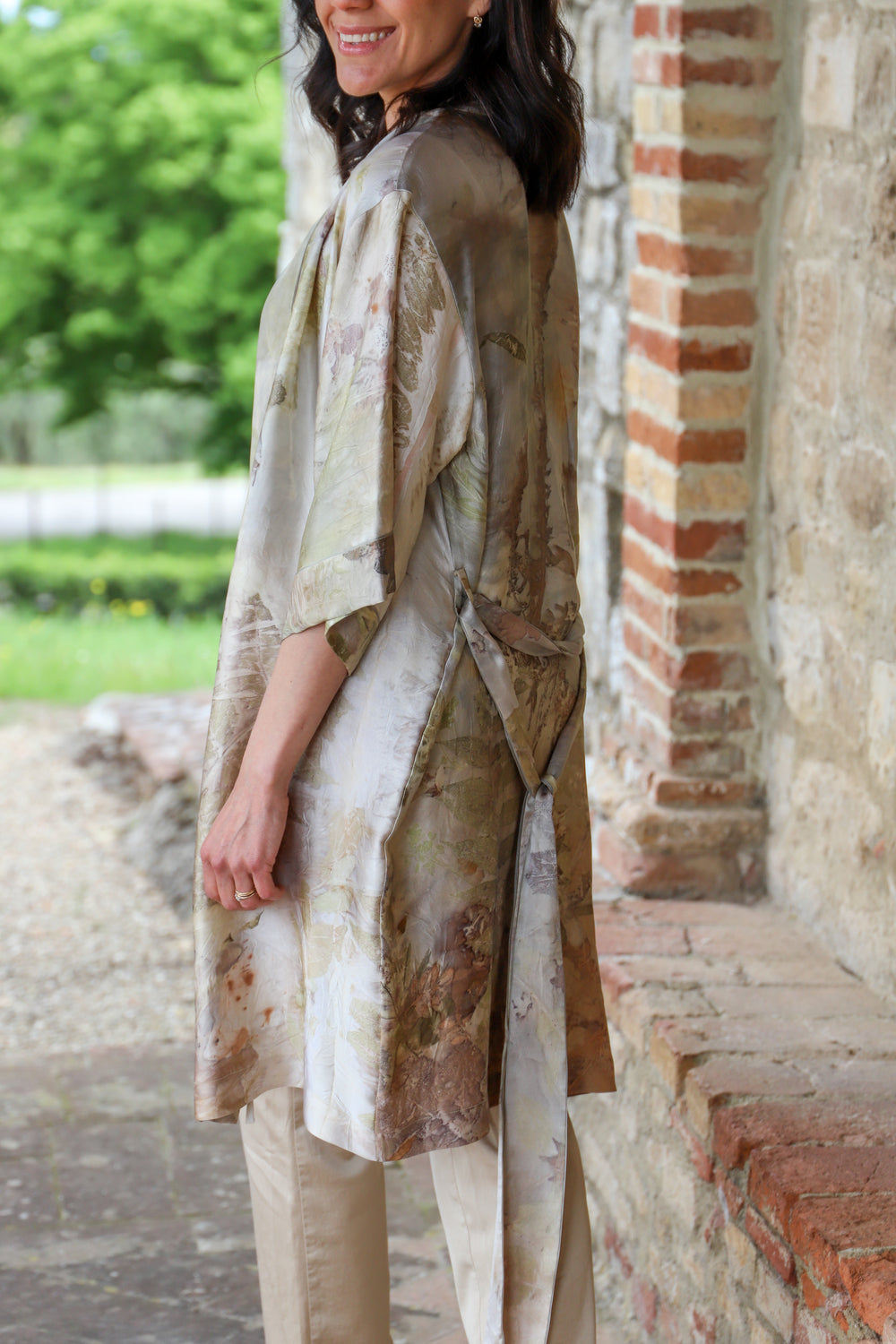 Short eco printed silk robe