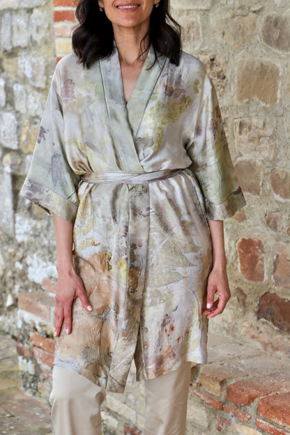 Short eco printed silk robe