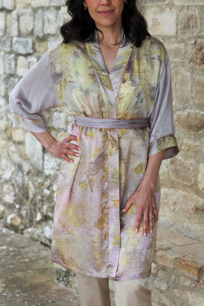 Short eco printed silk robe