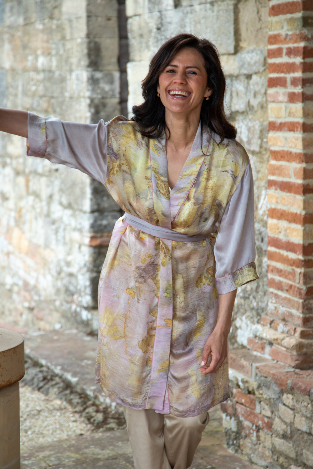 Short eco printed silk robe