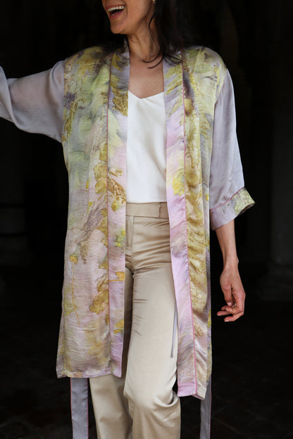 Short eco printed silk robe