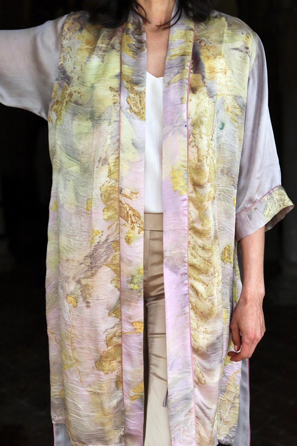 Short eco printed silk robe