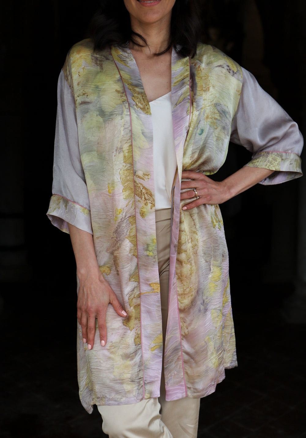 Short eco printed silk robe