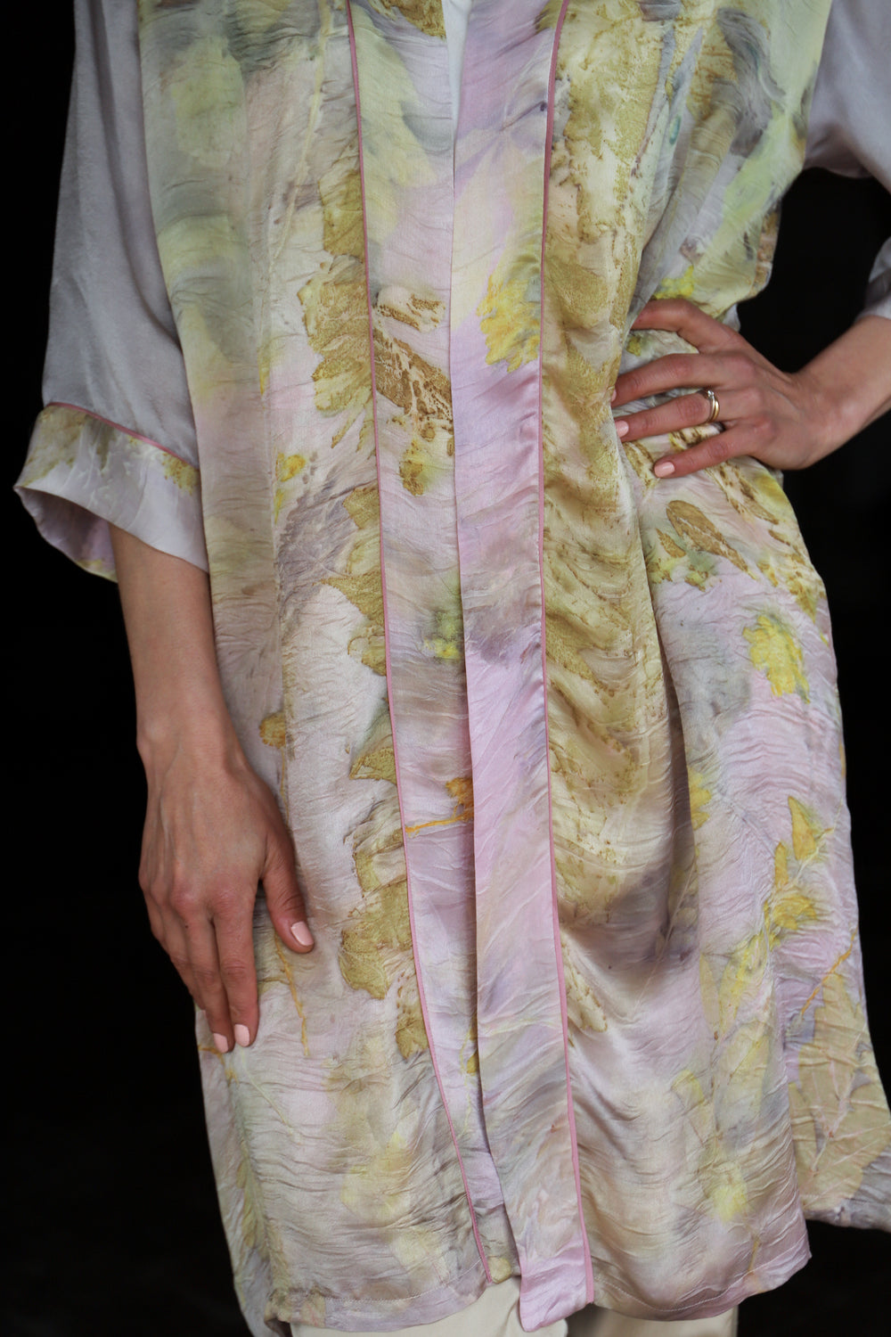 Short eco printed silk robe